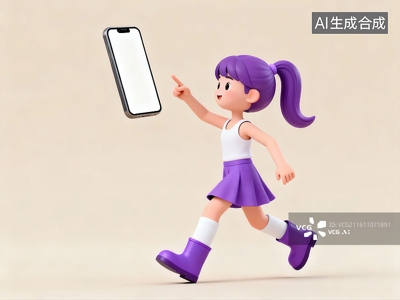 【AI数字艺术】卡通女孩手持手机行走图片素材