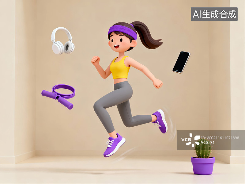 【AI数字艺术】卡通女性室内跳绳运动图片素材