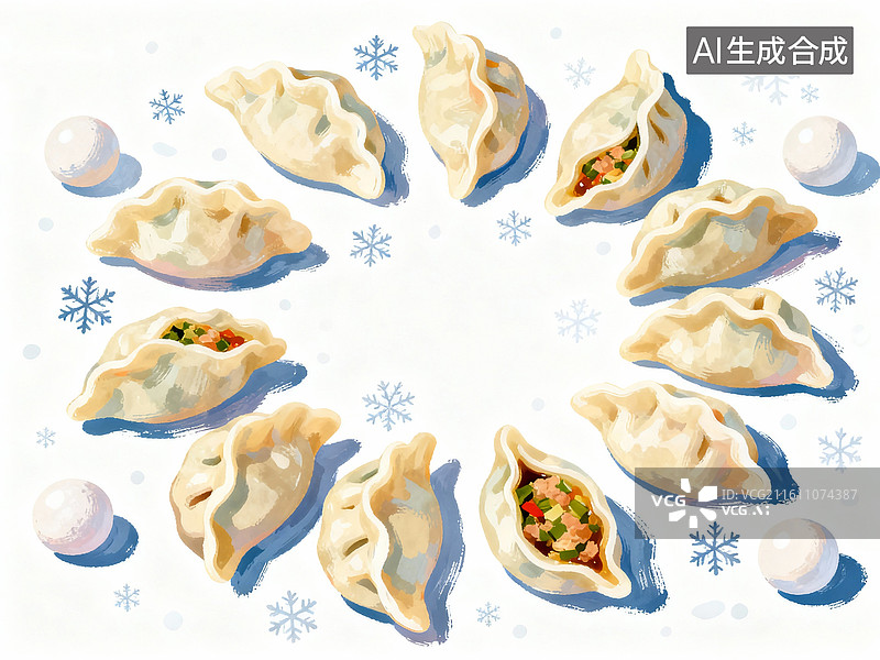 【AI数字艺术】冬至  饺子 汤圆  俯视插画图片素材