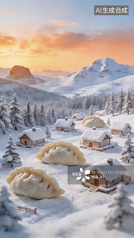 【AI数字艺术】雪景村庄与巨型饺子图片素材
