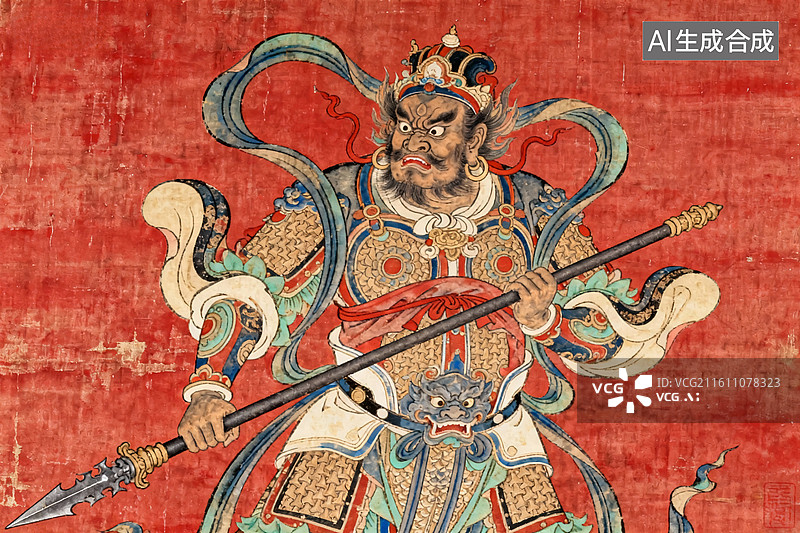 【AI数字艺术】中国风传统门神武将红底画像图片素材