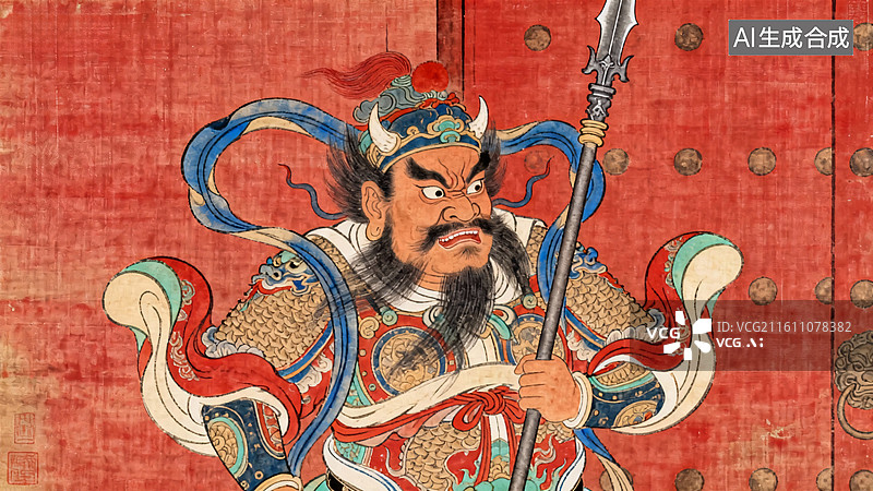 【AI数字艺术】中国风传统门神武将红底画像图片素材