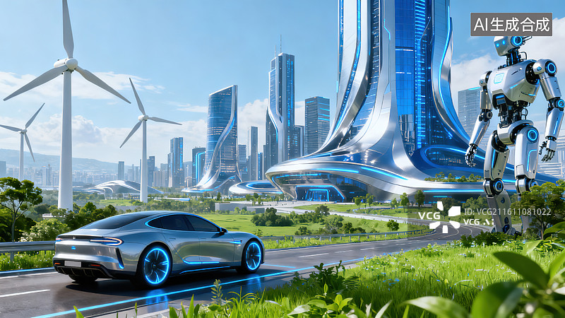 【AI数字艺术】科技感未来感科幻的蓝银建筑汽车机器人风车未来城市图片素材
