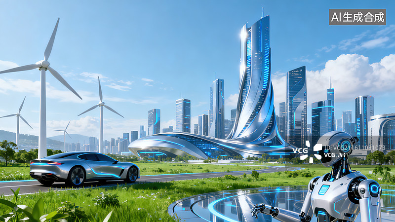 【AI数字艺术】科技感未来感科幻的蓝银建筑汽车机器人风车未来城市图片素材