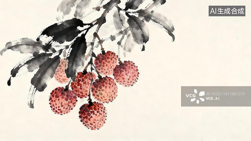 【AI数字艺术】带绿叶与荔枝果的清新雅致荔枝枝桠画面图片素材