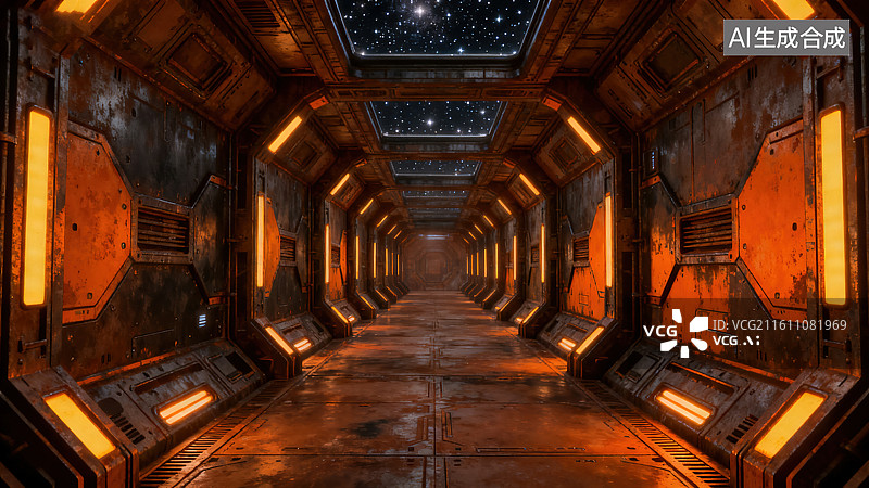 【AI数字艺术】科技感未来感科幻复古的橙棕太空舱星空空间图片素材