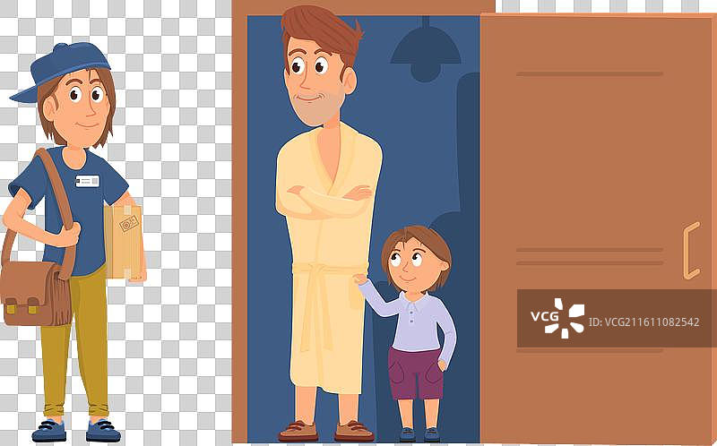 快递员在敞开的门前站着递送包裹图片素材