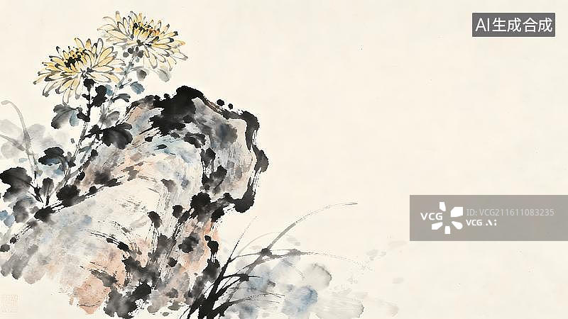 【AI数字艺术】水墨画  菊花与岩石图片素材