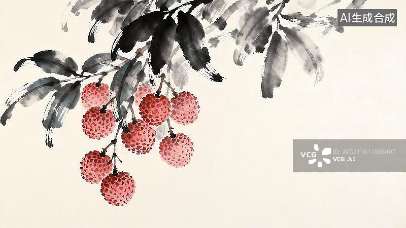 【AI数字艺术】带绿叶与荔枝果的清新雅致荔枝枝桠画面图片素材