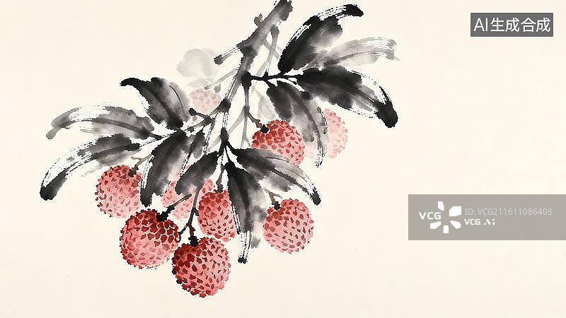 【AI数字艺术】带绿叶与荔枝果的清新雅致荔枝枝桠画面图片素材