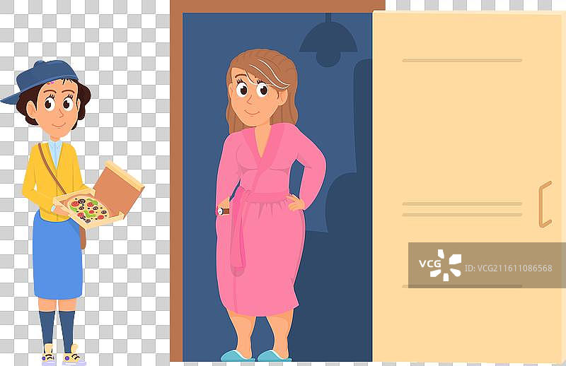 披萨送到一位站在户外的卡通女性手中图片素材