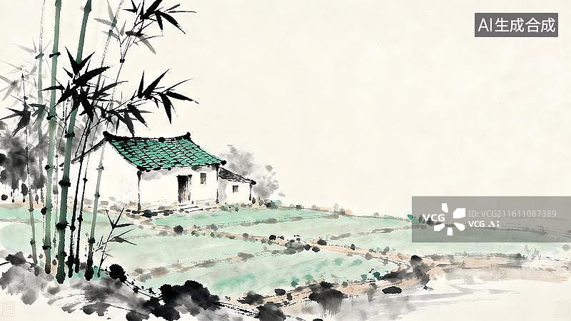 【AI数字艺术】水墨画  田地边的一座房屋  屋边的一片竹林图片素材