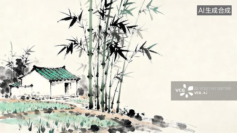 【AI数字艺术】水墨画  田地边的一座房屋  屋边的一片竹林图片素材