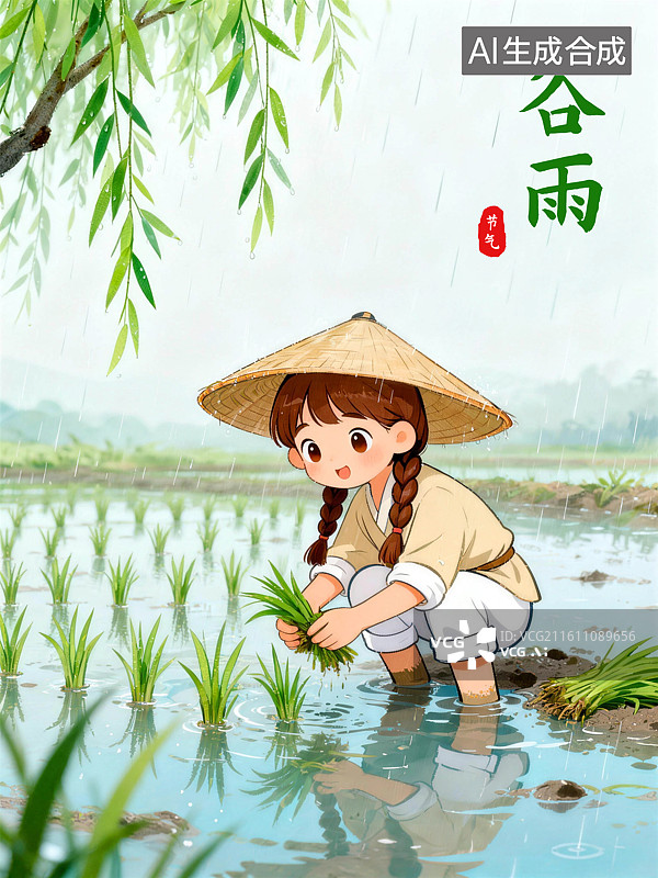 【AI数字艺术】女孩水田插秧谷雨节气插画图片素材