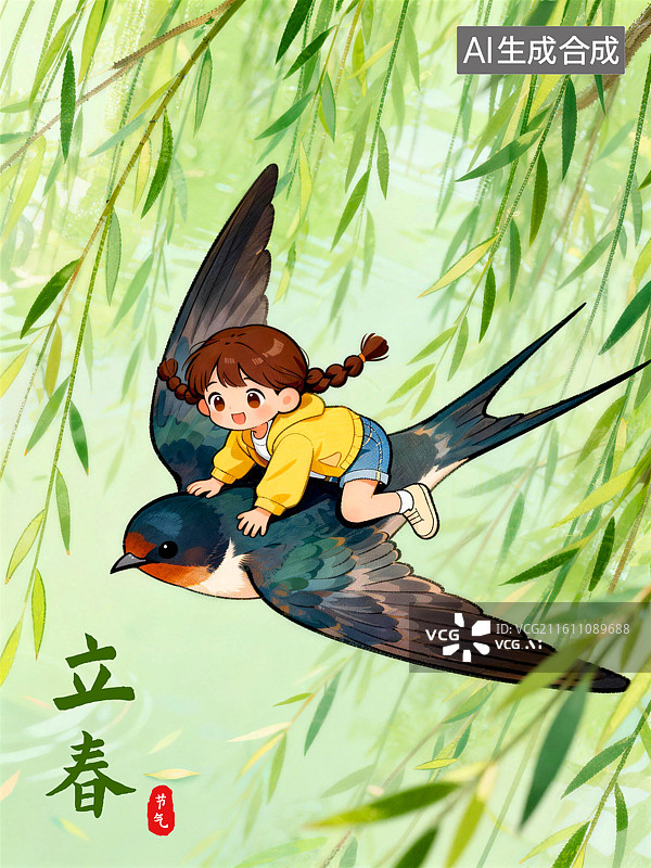 【AI数字艺术】骑着燕子飞过湖面的女孩立春节气插画图片素材
