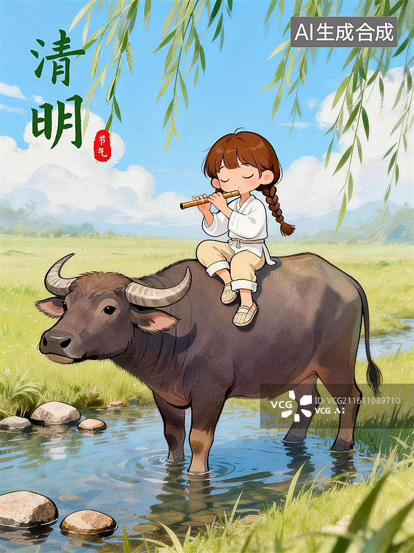 【AI数字艺术】水牛身上牧笛的女孩清明节气插画图片素材