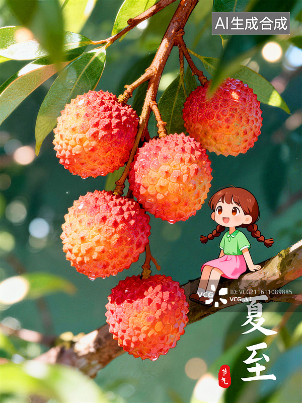 【AI数字艺术】女孩坐在树枝上看着荔枝夏至节气插画图片素材