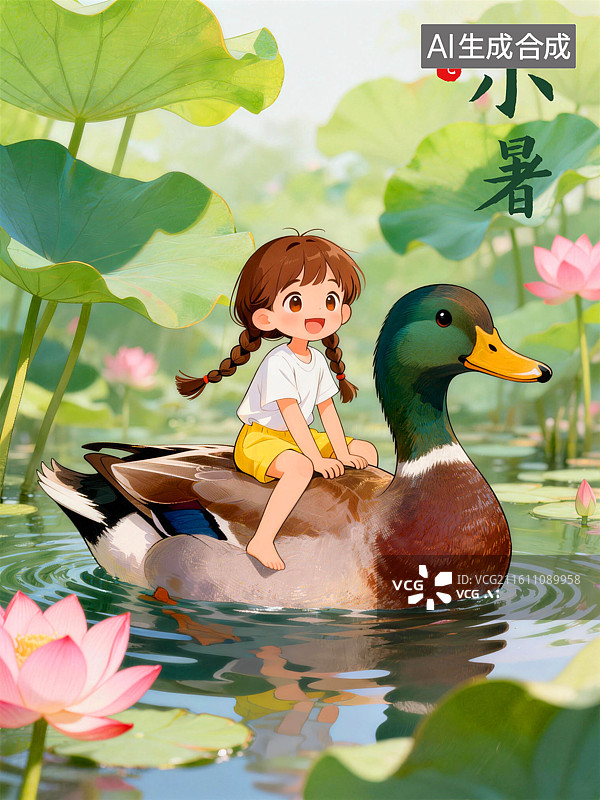 【AI数字艺术】女孩骑着鸭子赏荷塘美景小暑节气插画图片素材