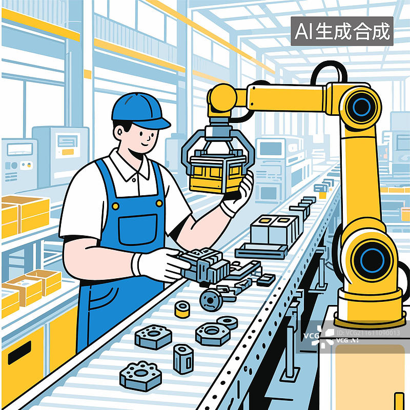 【AI数字艺术】[矢量EPS素材]工厂工人与生产线上的机械臂图片素材