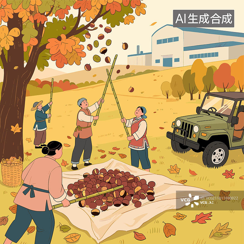 【AI数字艺术】[矢量EPS素材]秋日乡村板栗丰收场景图片素材
