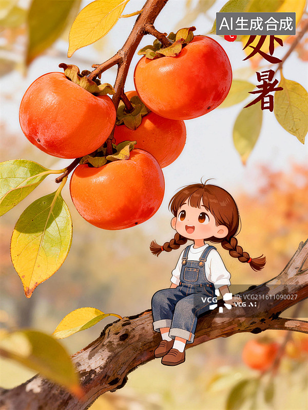 【AI数字艺术】女孩坐在树枝上看柿子处暑节气插画图片素材