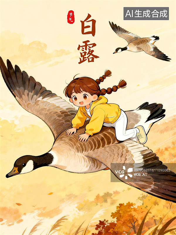 【AI数字艺术】骑着大雁飞过田野的女孩白露节气插画图片素材