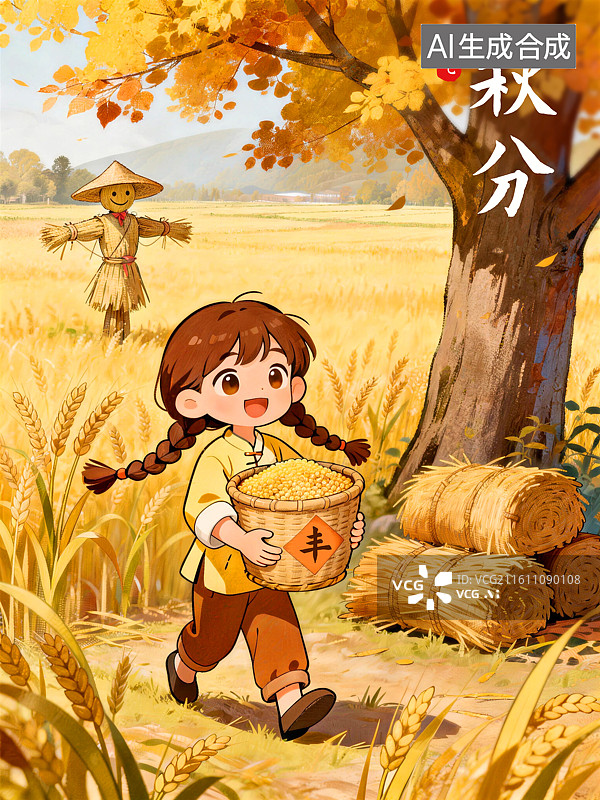 【AI数字艺术】女孩抱着丰收的谷物秋分节气插画图片素材