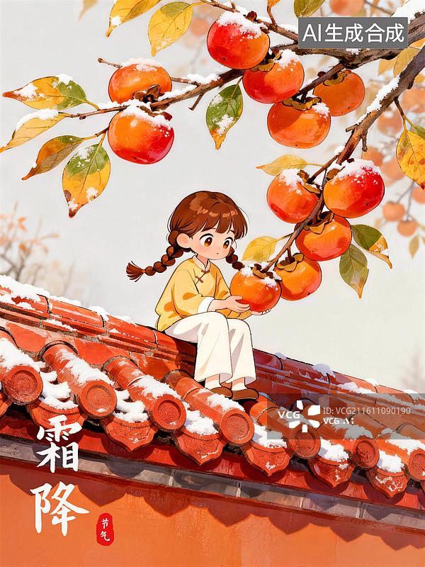 【AI数字艺术】坐在红墙上的女孩摘柿子霜降节气插画图片素材
