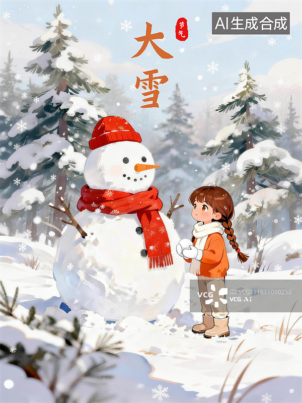 【AI数字艺术】女孩堆雪人大雪节气海报图片素材