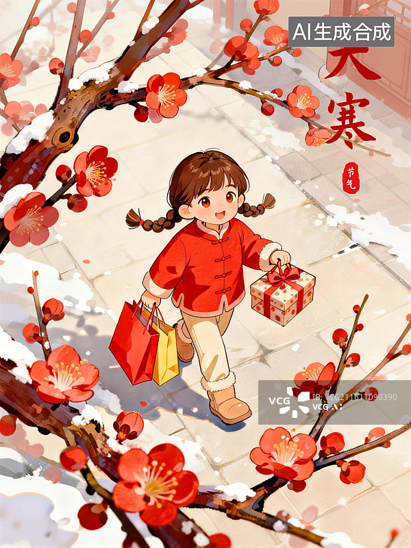 【AI数字艺术】女孩提着年货过年大寒节气插画图片素材