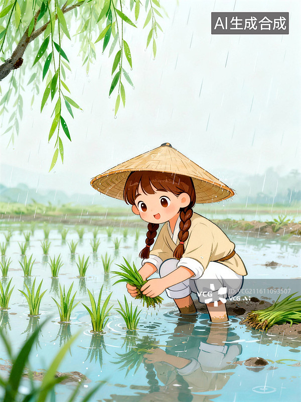 【AI数字艺术】女孩水田里插秧图片素材