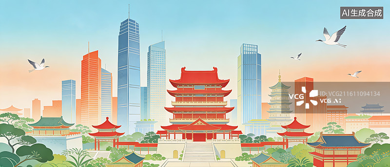 【AI数字艺术】传统建筑与现代城市融合图片素材