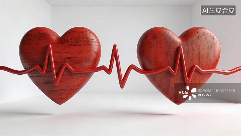 【AI数字艺术】双心相连的心电图线条图片素材