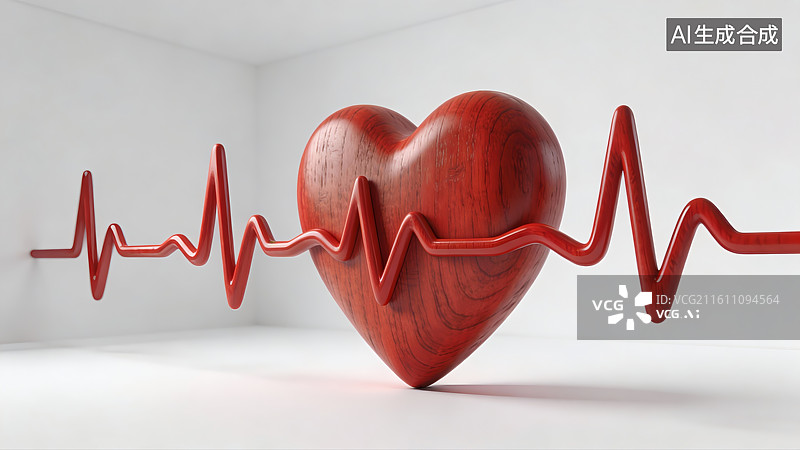 【AI数字艺术】红色心形与心跳曲线图片素材