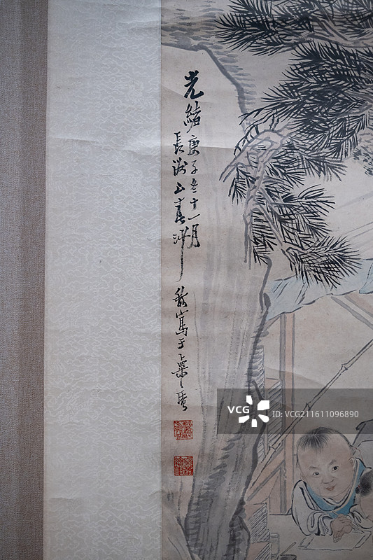 天津博物馆 清代后期人物画特展 清 沙馥 燕山教子图轴 ‌纸本设色‌ 光绪庚子（1900） 70岁图片素材