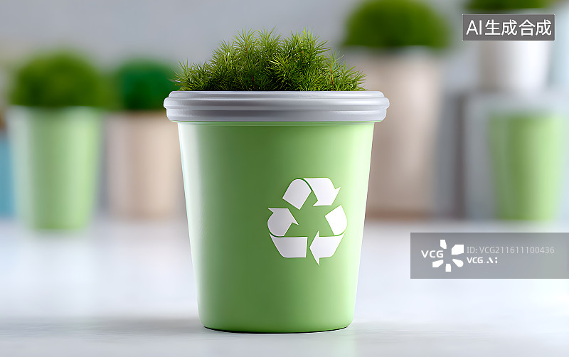 【AI数字艺术】地面上放着一个绿色的垃圾桶图片素材
