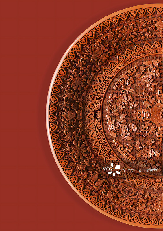 剔红雕漆勾莲八宝四季花圆盘,清代，漆器图片素材