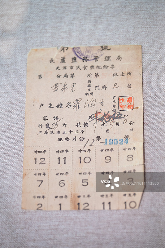 天津博物馆 天津市纪念抗日战争胜利80周年文物展 944年日伪当局强制使用的“天津市民食盐配给票”图片素材