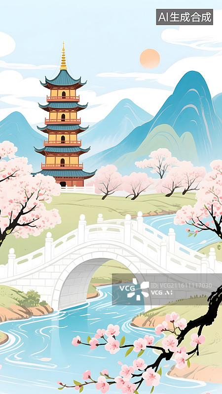 【AI数字艺术】AIGC：  春日盛开的桃花和远处的宝塔，近处的拱桥，春天节气背景插图图片素材