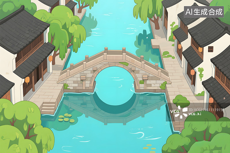 【AI数字艺术】江南水乡古镇插画图片素材
