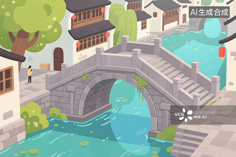 【AI数字艺术】江南水乡古镇插画图片素材