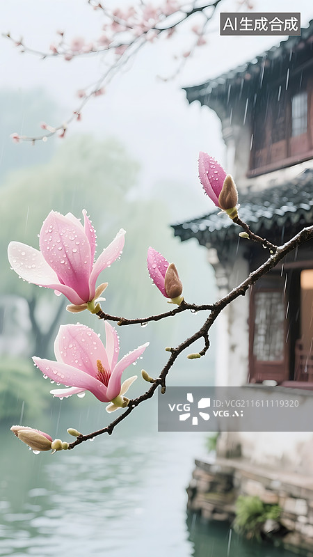 【AI数字艺术】AIGC：惊蛰节气背景，春天在雨中盛开的玉兰花，江南水乡，自然风光，背景壁纸图片素材