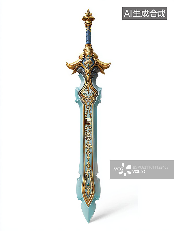 【AI数字艺术】游戏元素白色背景上一把梦幻之剑图片素材