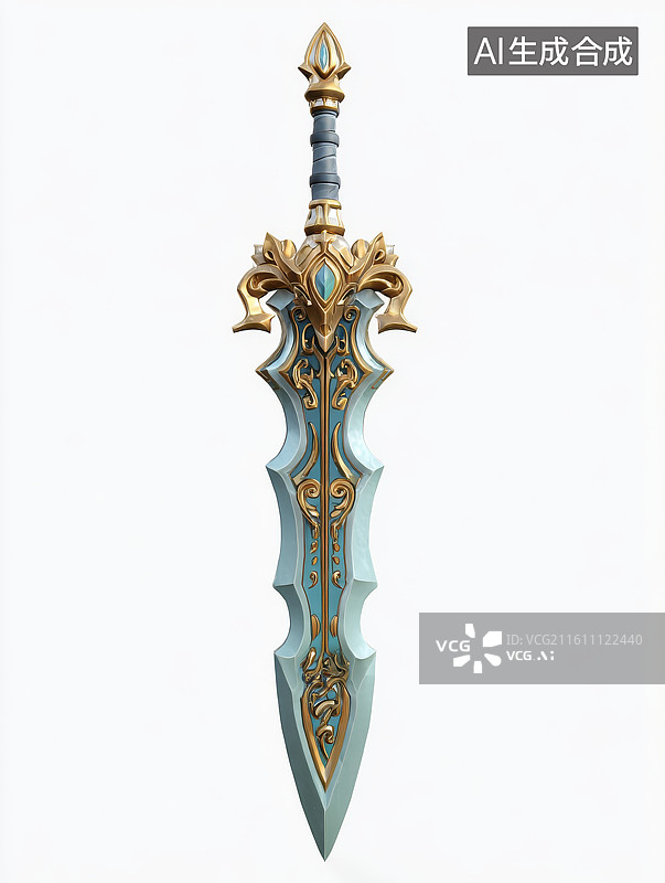【AI数字艺术】游戏元素白色背景上一把梦幻之剑图片素材