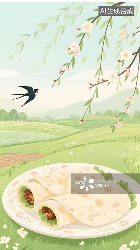 【AI数字艺术】AIGC：立春吃春饼，立春节气背景，春天田园风光，背景壁纸插图图片素材