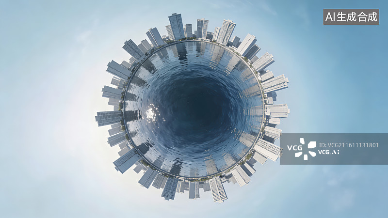 【AI数字艺术】微缩小行星城市地球景观现代摩天大楼滨水天际线未来都市科技感背景图片素材