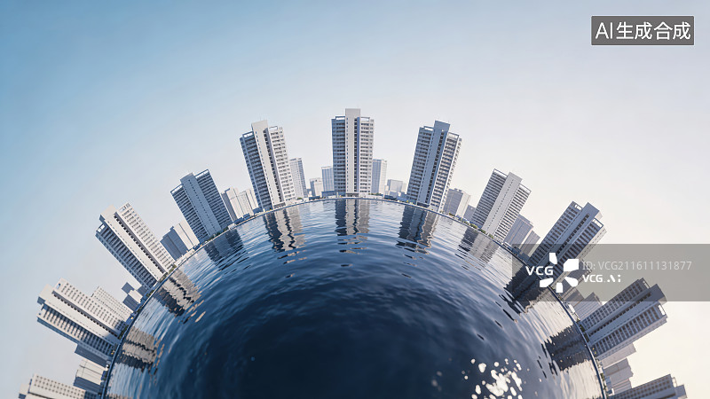 【AI数字艺术】微缩小行星城市地球景观现代摩天大楼滨水天际线未来都市科技感背景图片素材