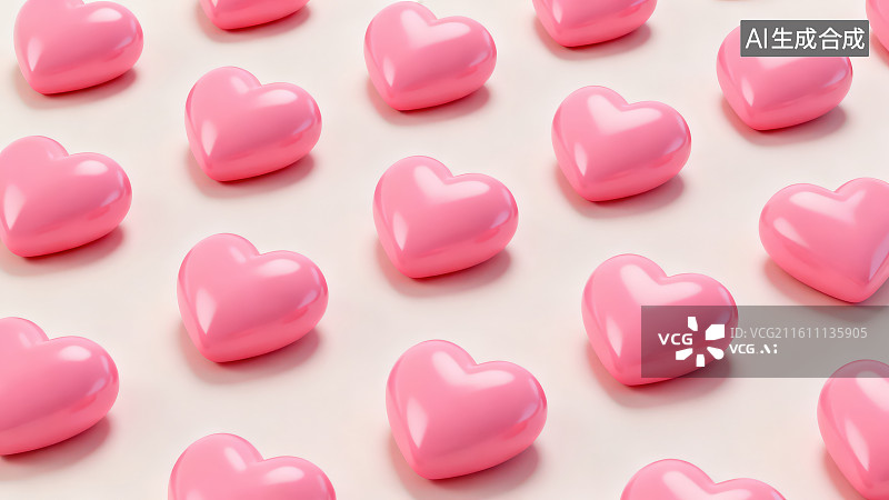 【AI数字艺术】卡通3D立体粉色爱心图标排列装饰元素无缝图案背景，浪漫爱心七夕情人节主题设计背景图片素材