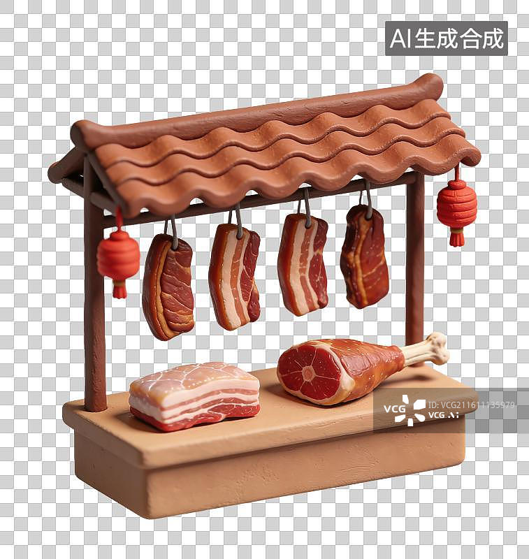 【AI数字艺术】3D立体中国风年货传统肉铺摊位元素图片素材