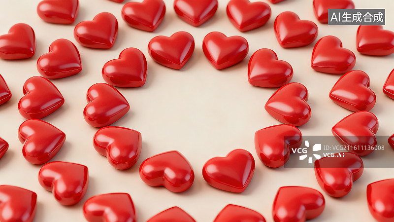 【AI数字艺术】卡通3D立体红色爱心图标排列装饰元素无缝图案背景，浪漫爱心七夕情人节主题设计背景图片素材